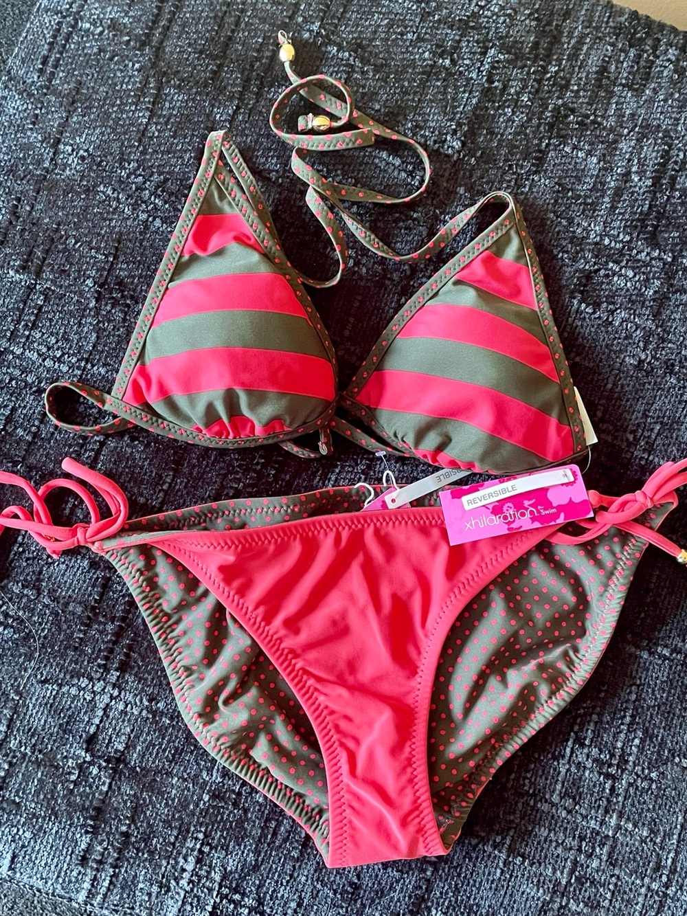 NWT Pink & Olive Green Reversible Stripe Triangle Bikini